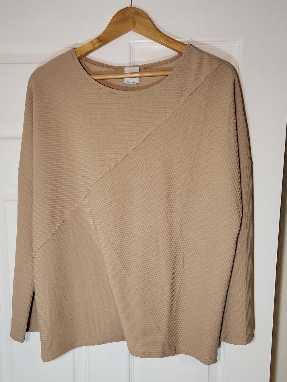 Beige Ribbed Long-Sleeve Women's Top